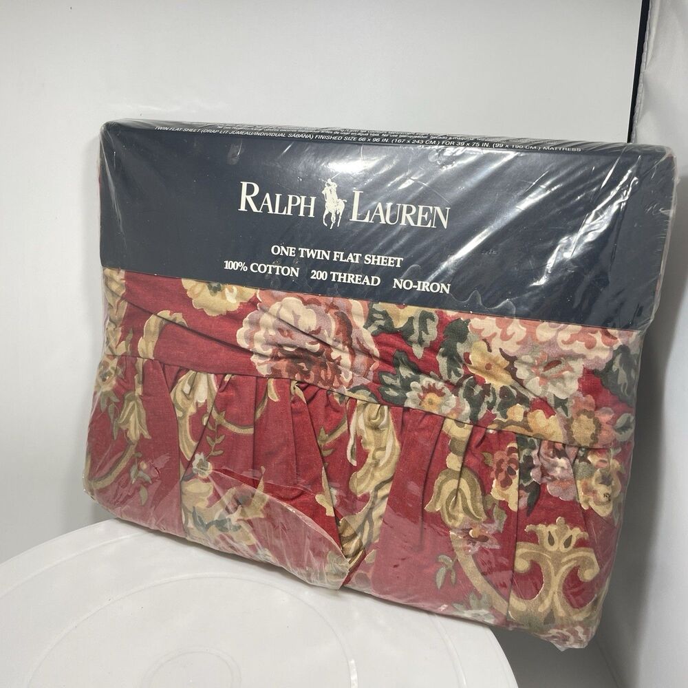 VTG Ralph Lauren Danielle Floral Red Twin Fitted Sheet 200 TC 100% Cotton NOS
